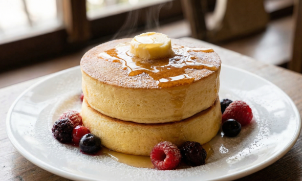 Ultra kalın kabarık pankek trendi - Golden Diner tarzı tek büyük pankek, bal tereyağı sosuyla