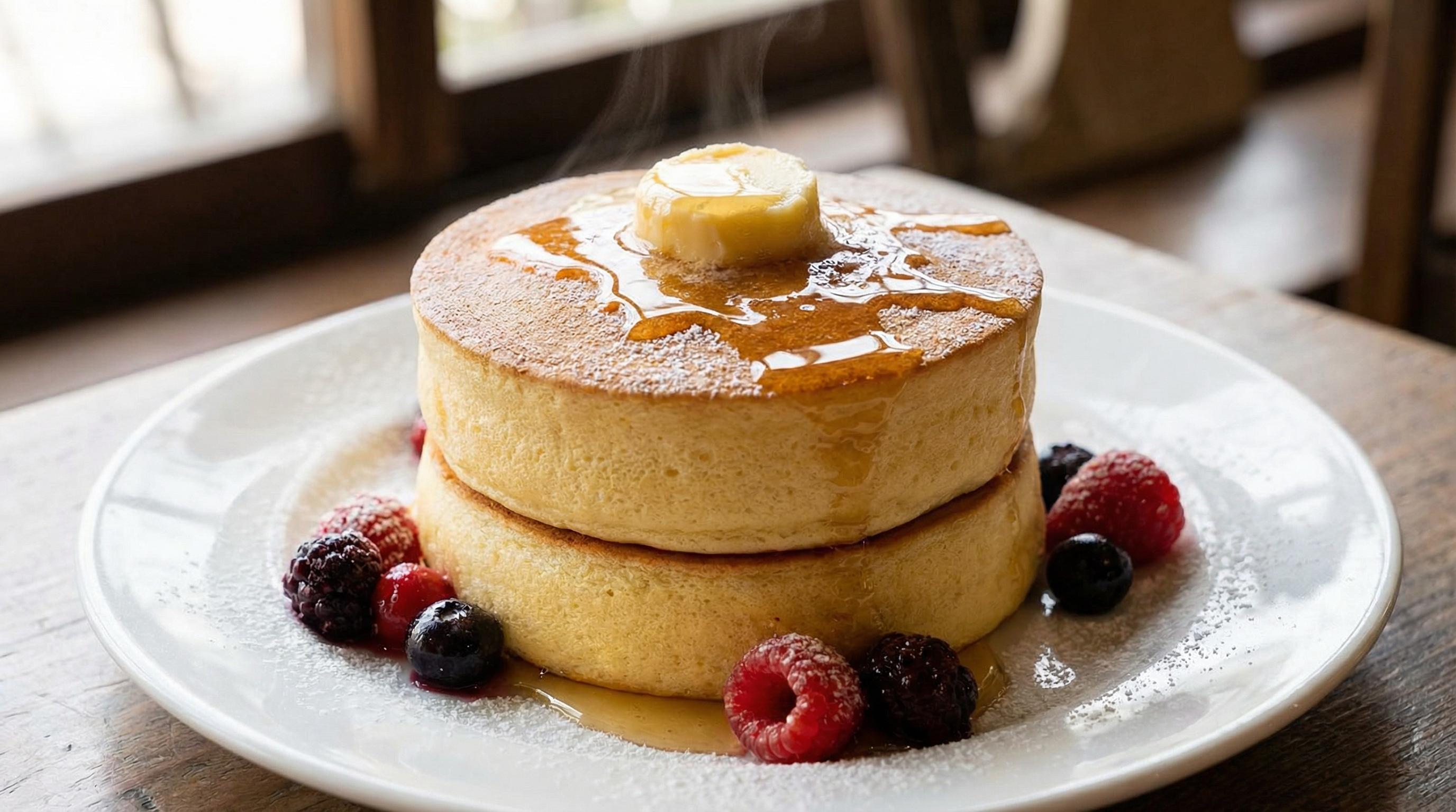 Ultra kalın kabarık pankek trendi - Golden Diner tarzı tek büyük pankek, bal tereyağı sosuyla