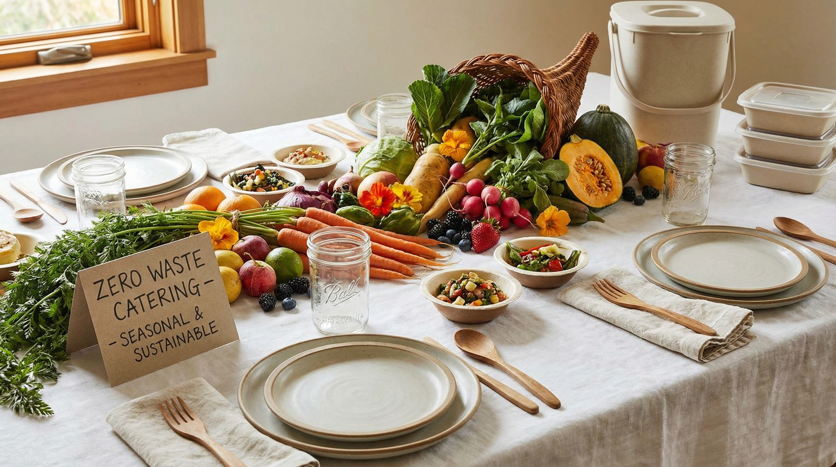 Sürdürülebilir catering tablosu, sıfır atık yaklaşımı ve mevsimsel malzemeler