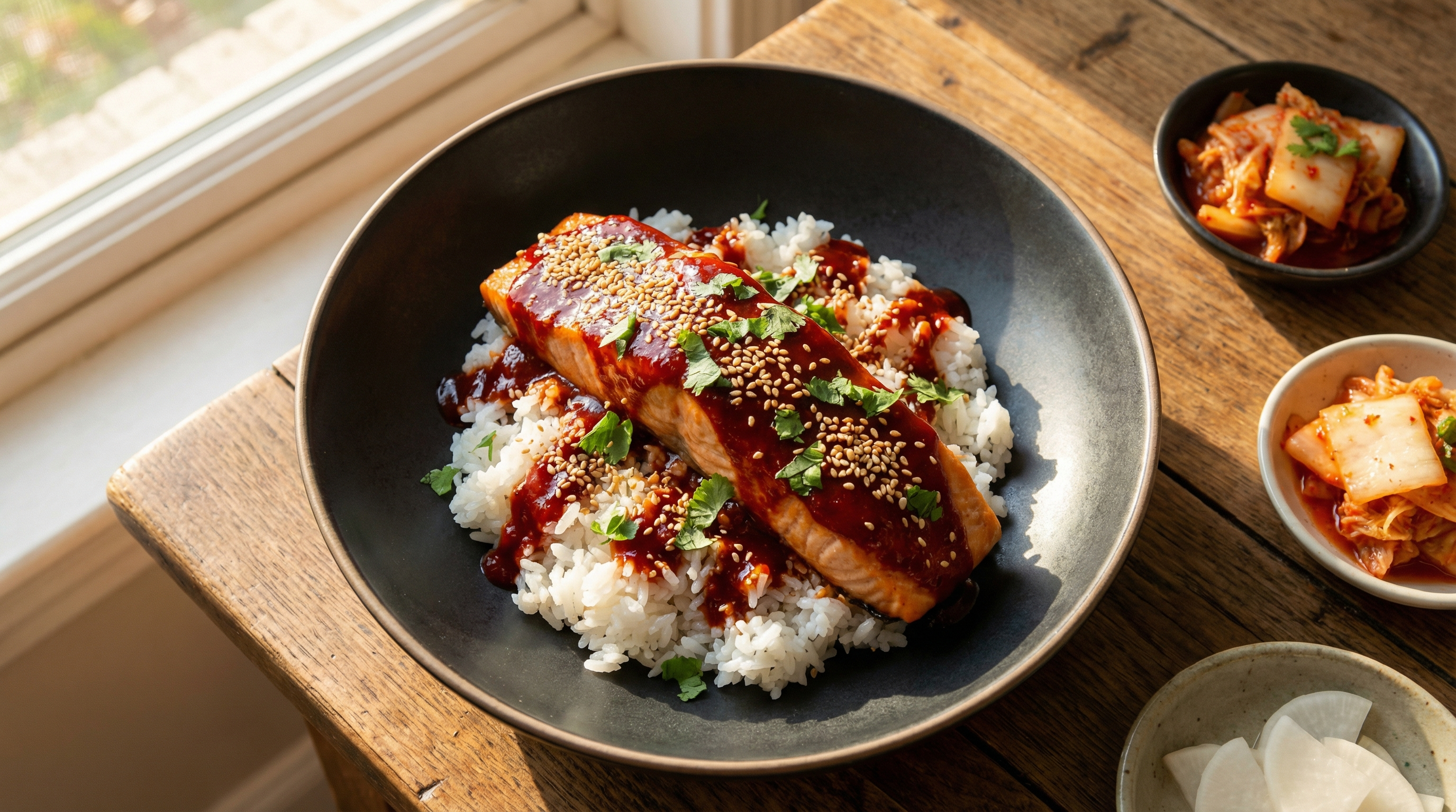 Gochujang soslu tereyağlı somon ve yapışkan pirinç