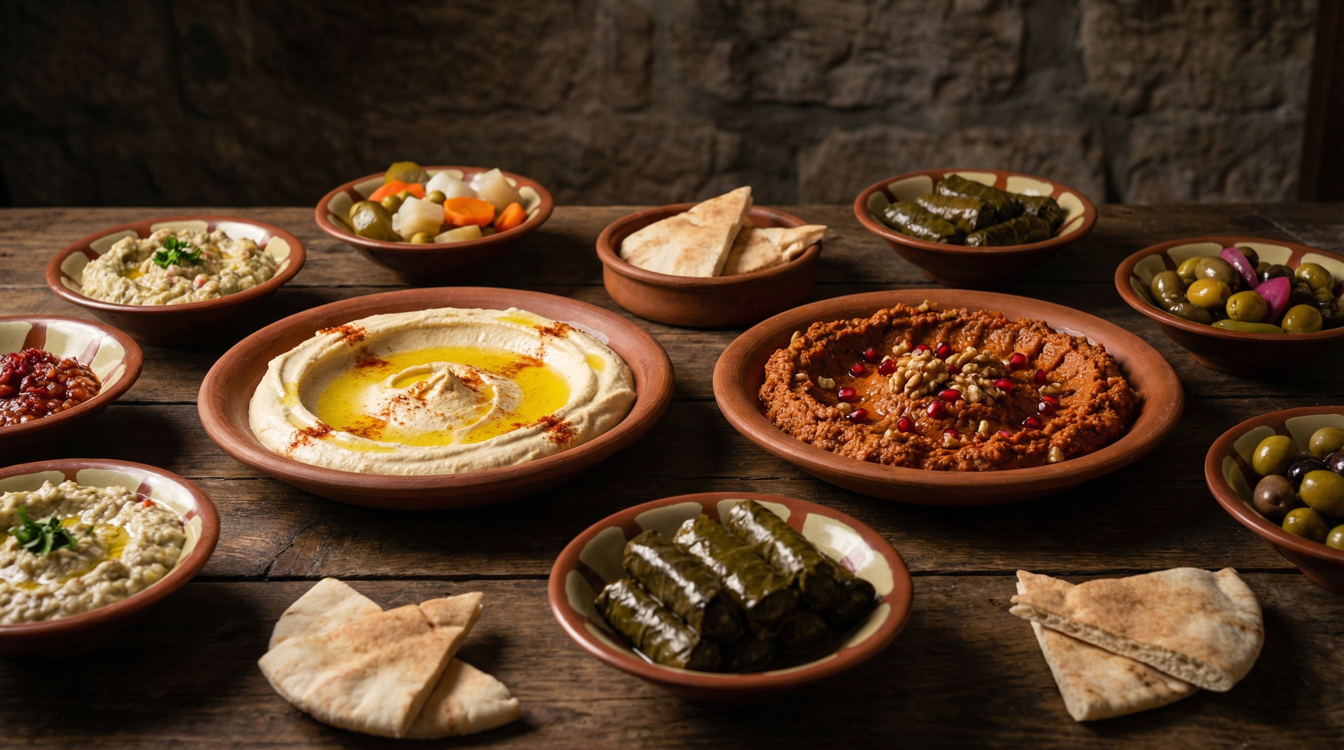 Hatay mutfağı humus muhammara mezze tabağı geleneksel toprak kaplarda zeytinyağı
