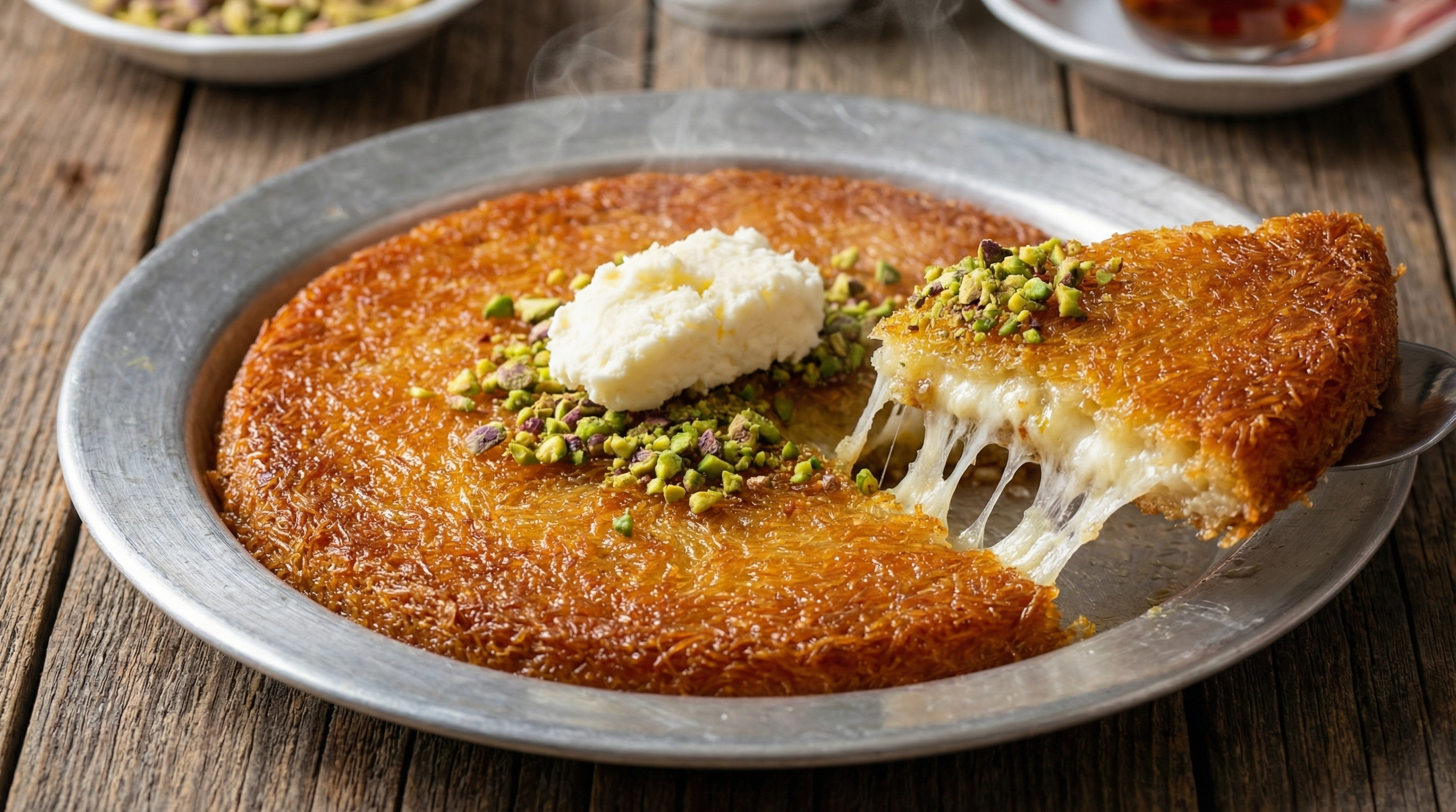 Hatay künefesi altın sarısı peynirli tatlı yakın çekim yemek fotoğrafçılığı