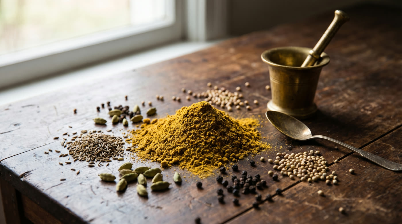 Yemen kökenli hawaij baharat karışımı — zerdeçal, kimyon, kakule ve karabiber
