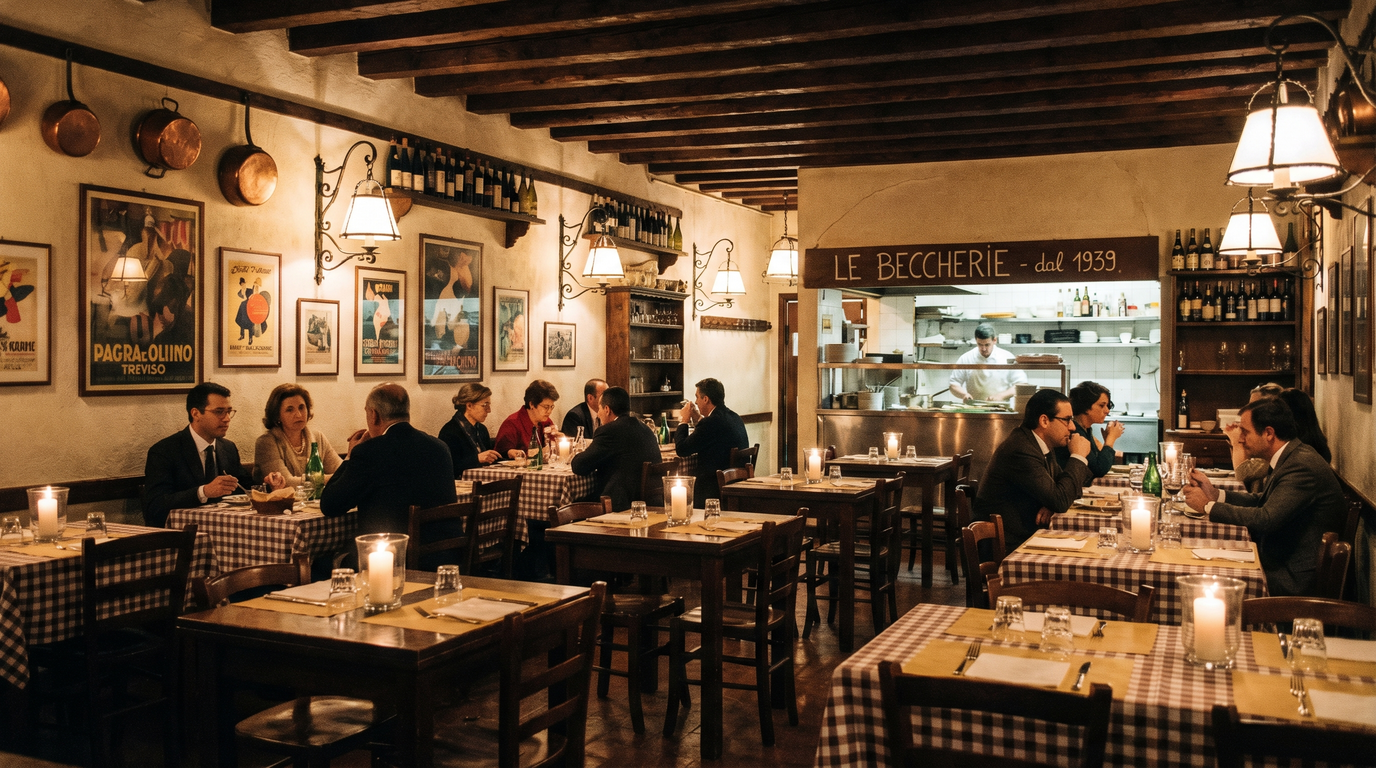 İtalyan trattoria atmosferi — Treviso usulü geleneksel restoran iç mekanı
