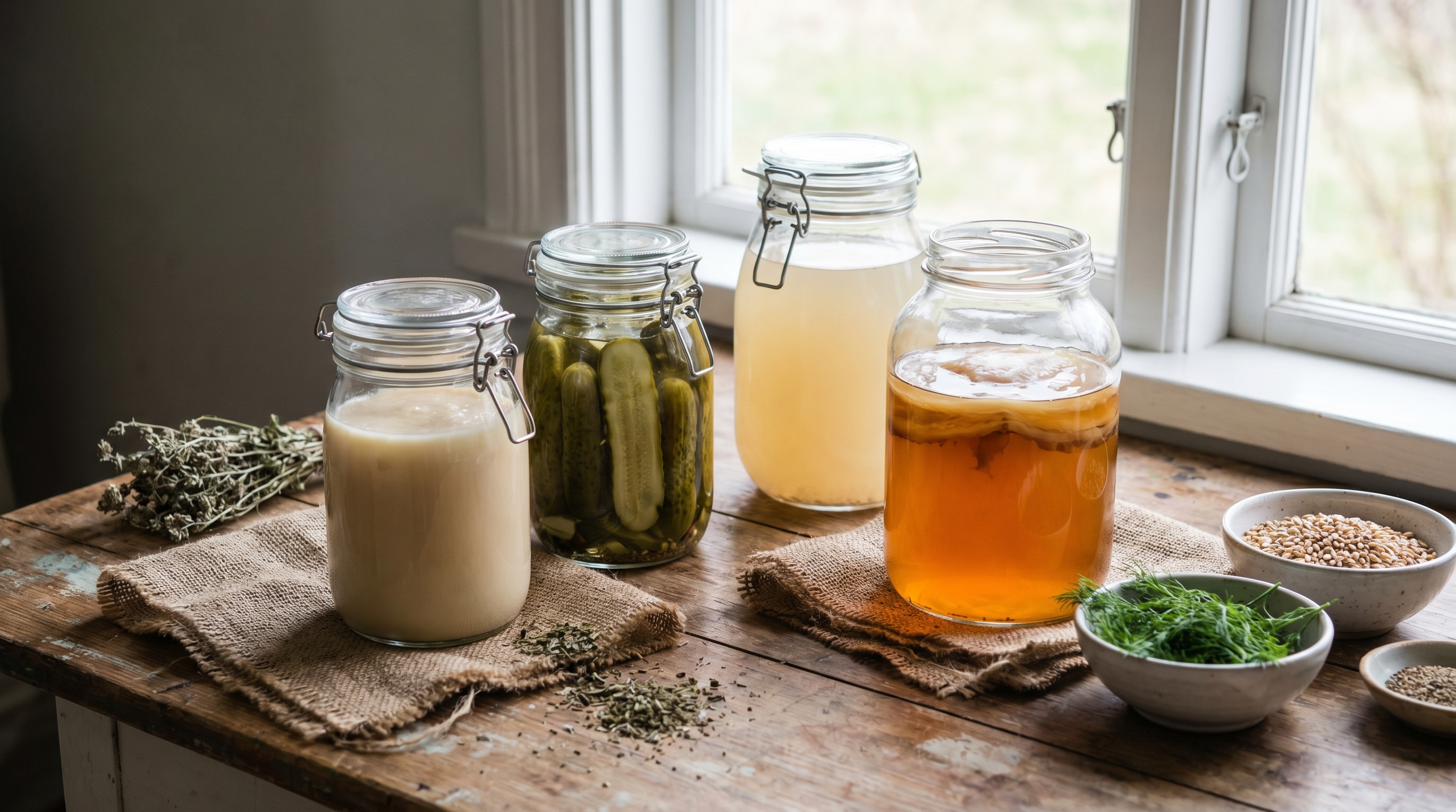 Fermente ürünler — boza, turşu, yoğurt ve tarhana geleneksel kavanozlarda