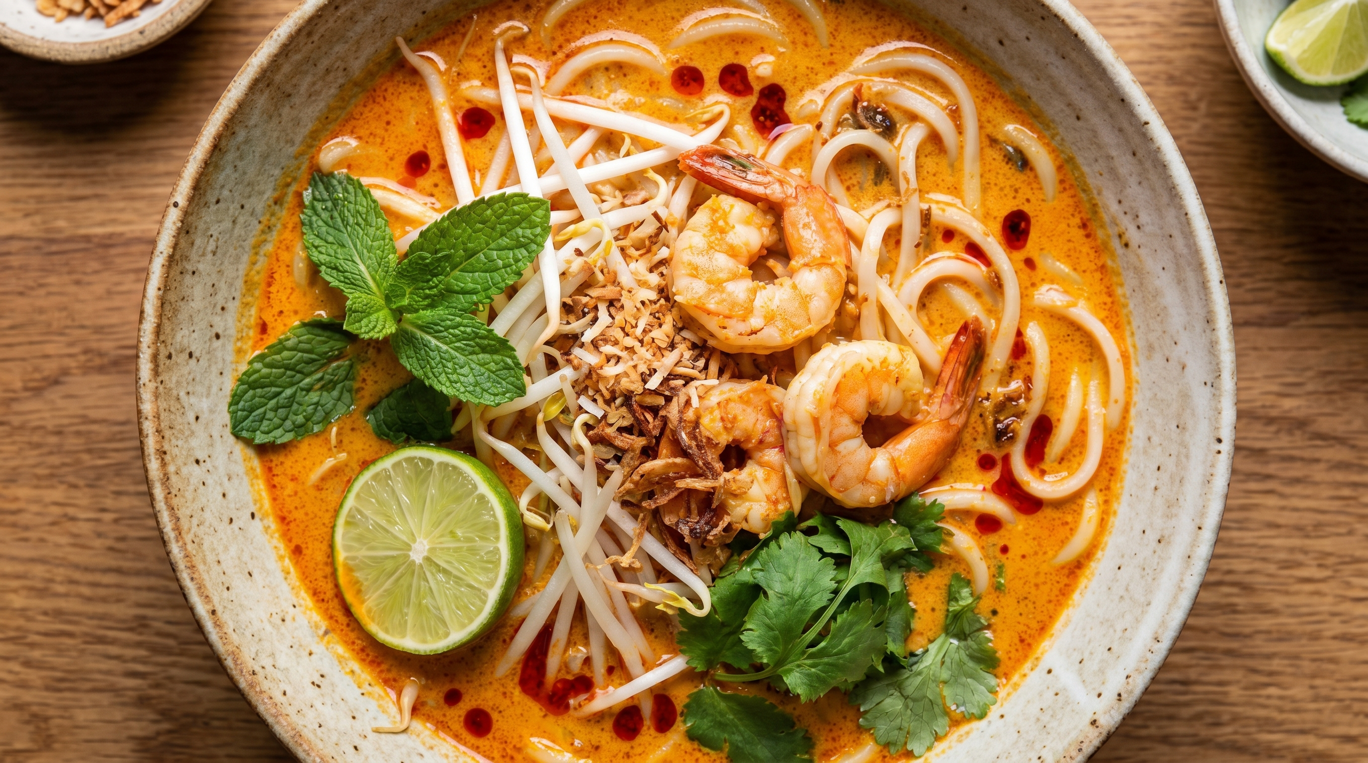 Malezya mutfağından laksa çorbası — hindistan cevizi sütü, pirinç eriştesi ve taze baharatlar