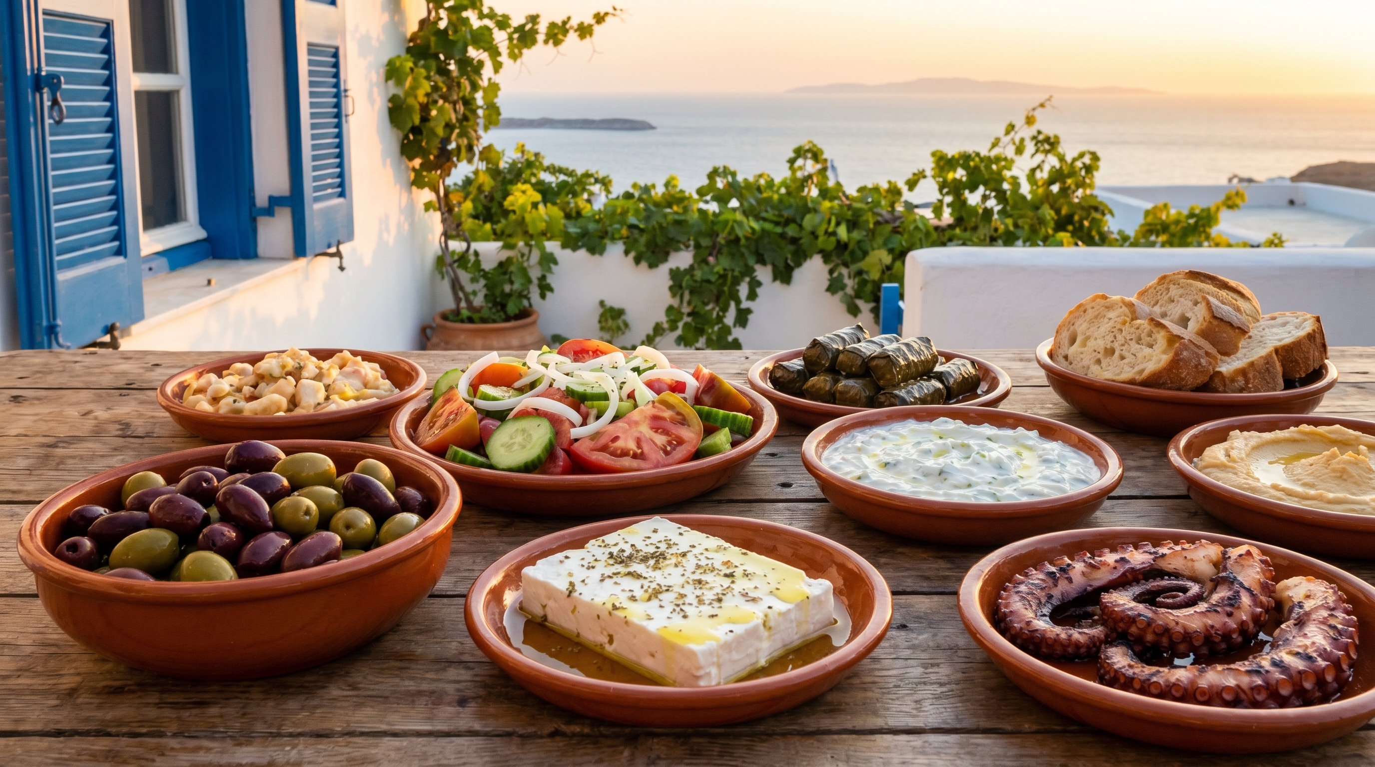 Geleneksel Yunan mezzeleri — zeytinyağı, feta, domates