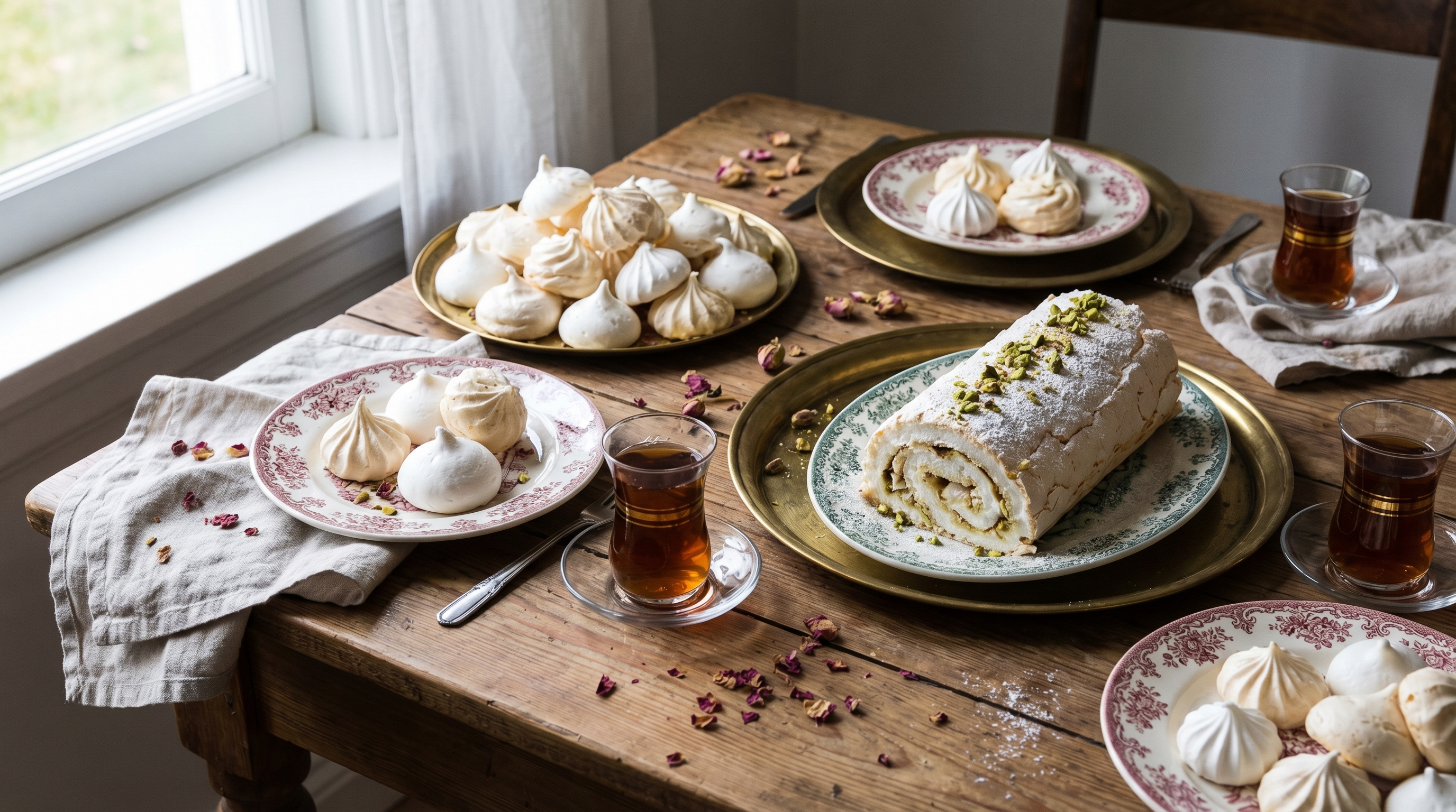 Çeşitli beze tatlıları ahşap tablo üzerinde düzenlenmiş, ev pastacılığı sunumu