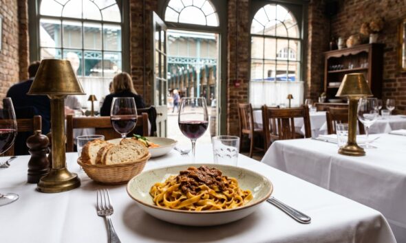 Burro WC2 Londra Covent Garden İtalyan restoranı, ördekli fettuccine ve zarif masa örtüleri