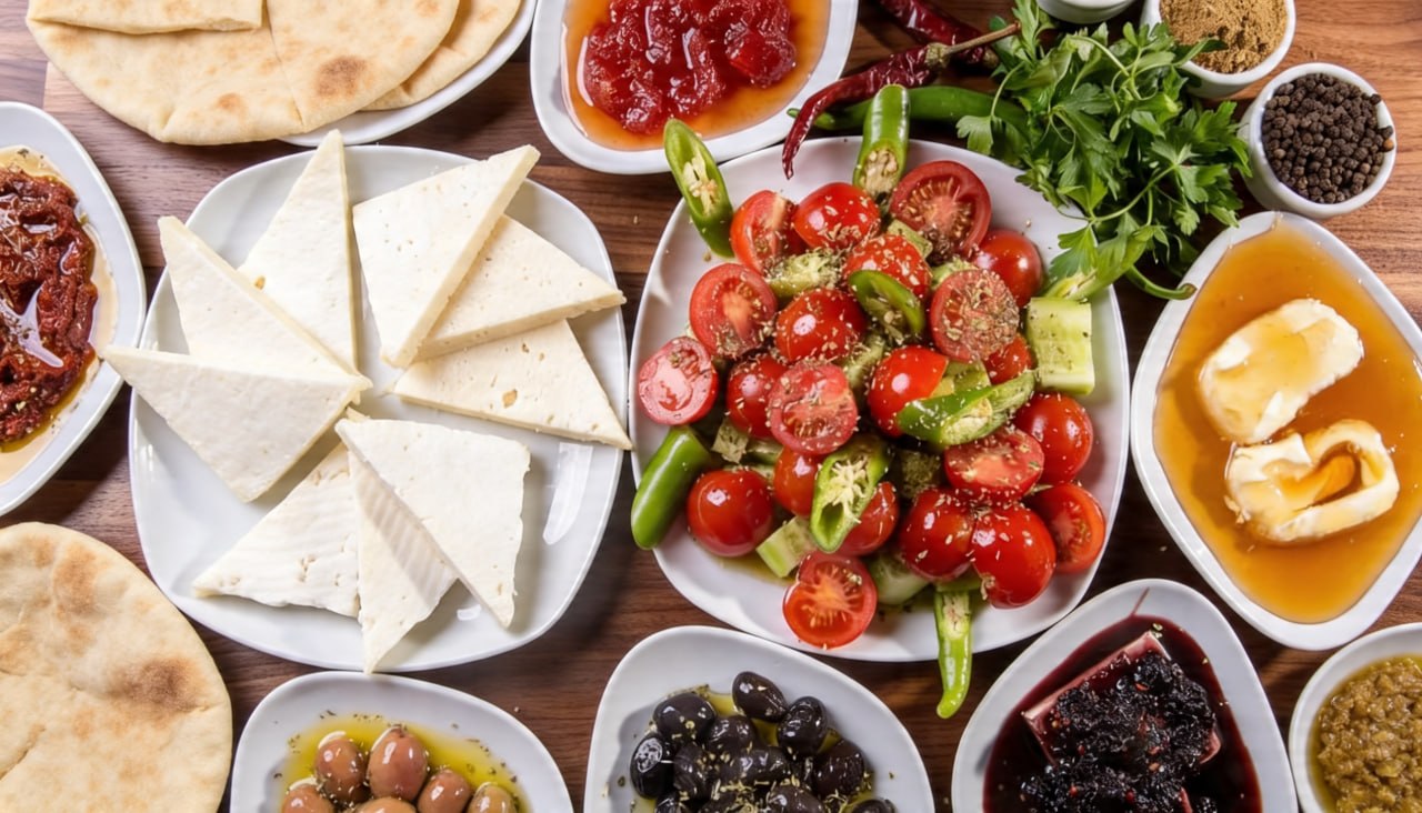 Ege kahvaltısı — zeytin, beyaz peynir, domates ve reçel