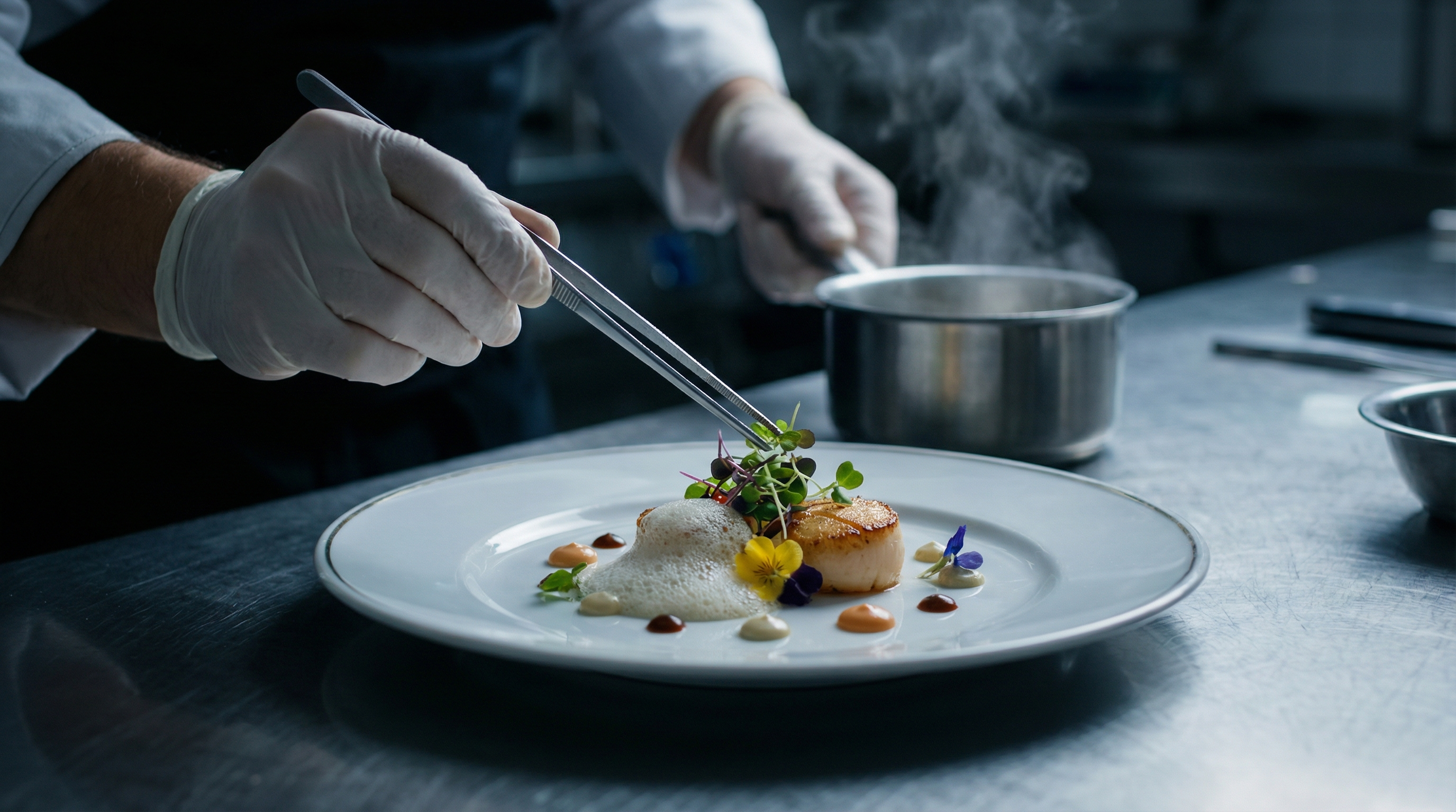 Four hands akşam yemeği için profesyonel mutfak hazırlığı