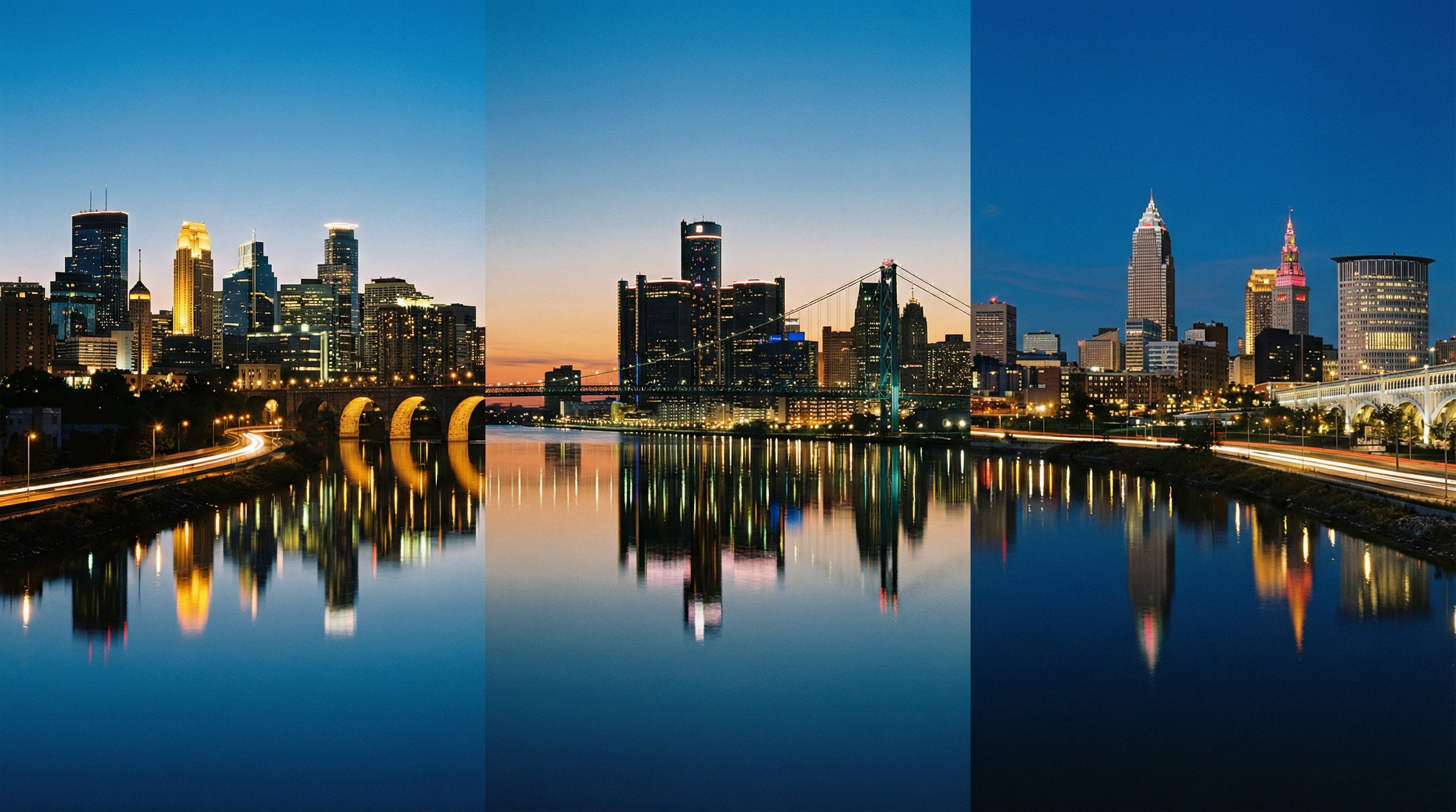 Detroit, Minneapolis, Cleveland ve diğer Büyük Göller şehirlerinin gece panoraması