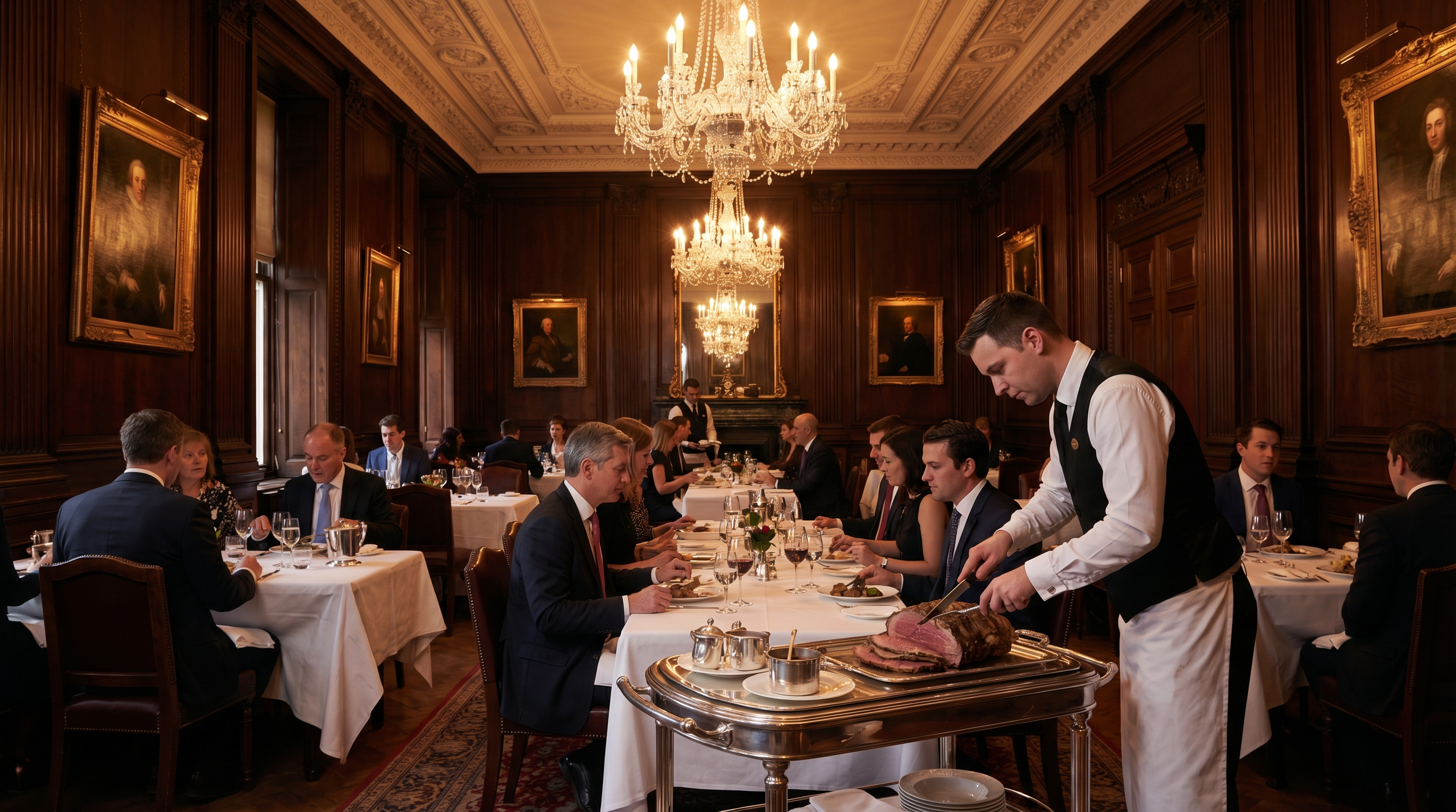 Simpson's Grand Divan yemek salonu — geleneksel İngiliz restoranı atmosferi, et arabası servisi