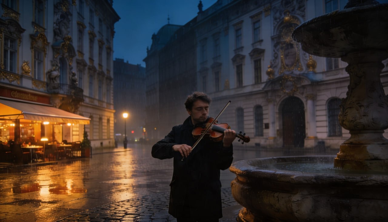 Yağmurlu Viyana gecesinde kemancı — barok mimari ve müziğin buluşması
