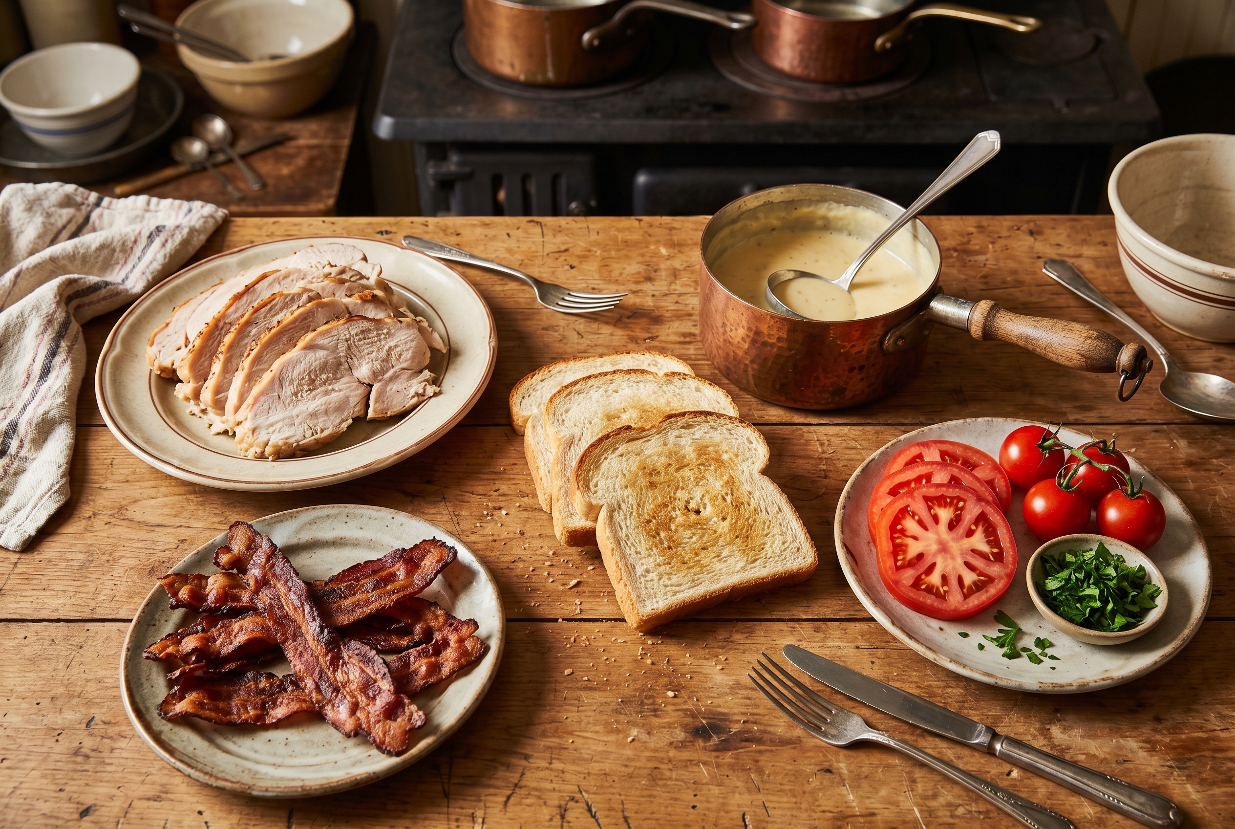 Hot Brown sandviçinin malzemeleri: hindi, pastırma, Mornay sosu ve domates