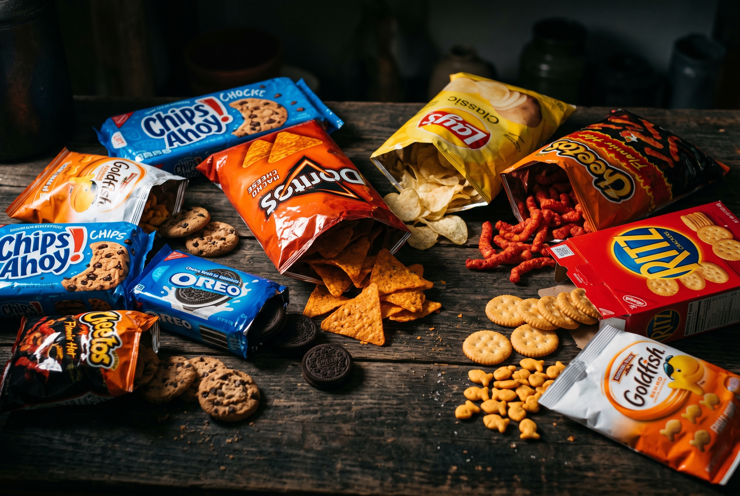 Ultra-işlenmiş paketli atıştırmalıklar — cipsler ve bisküviler dramatik ışıkla