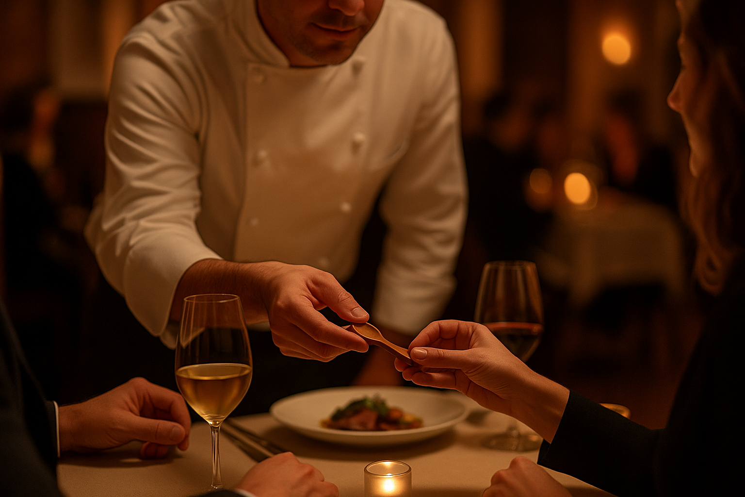 Fine dining restoranında şef misafire tahta kaşık hatırası hediye ediyor