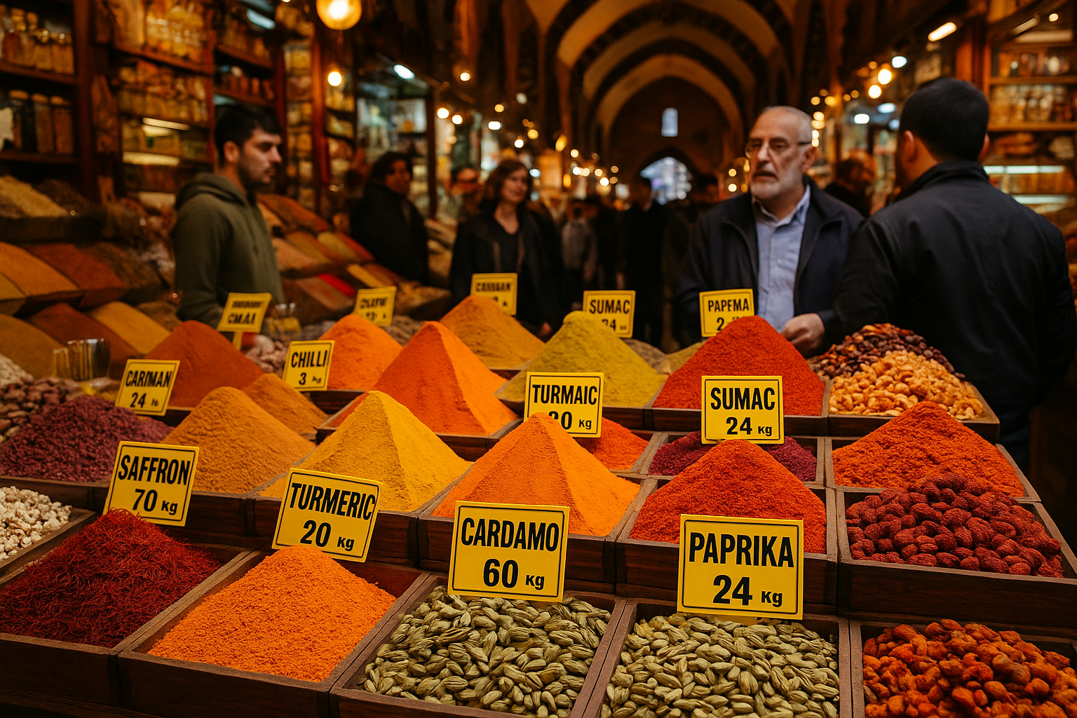 Baharat pazarı — safran, zerdeçal, kakule renkleri; İpek Yolu'nda lezzet ticareti