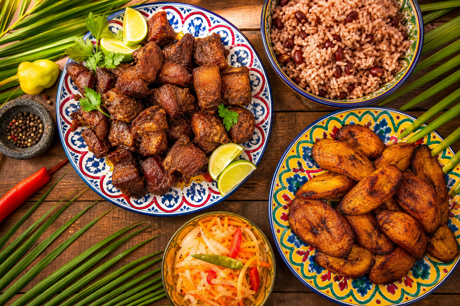 Haitian yemek masası: griot, plantain ve pikliz