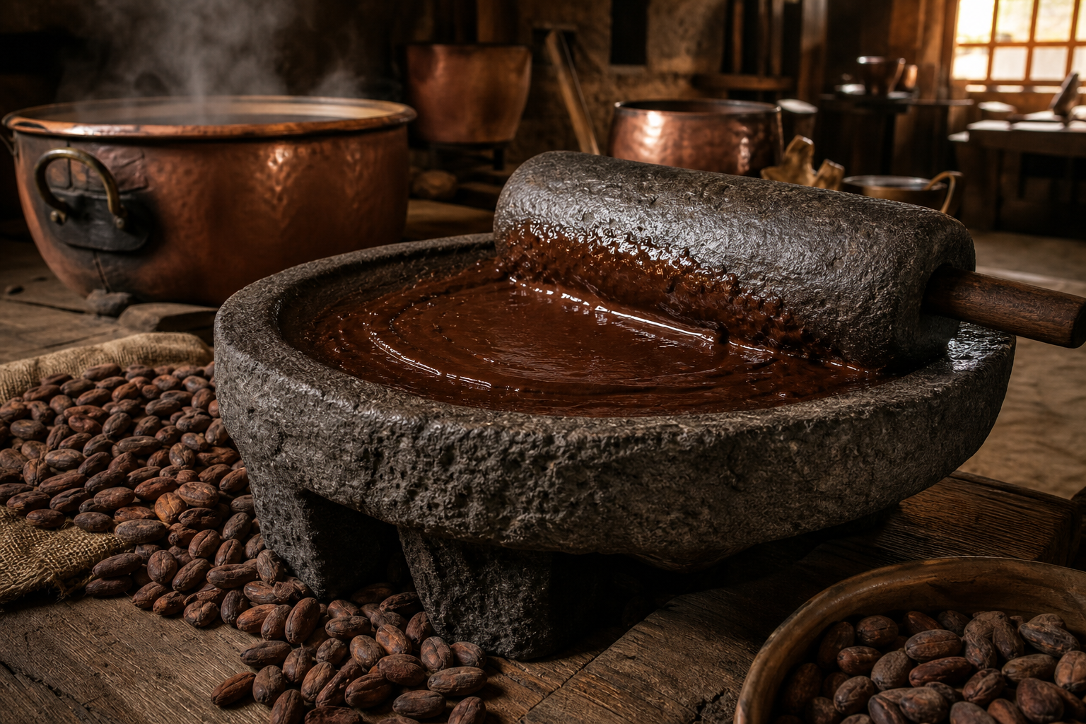 Geleneksel taş öğütme metate ile çikolata üretimi, bakır kaplar ve kakao çekirdekleri