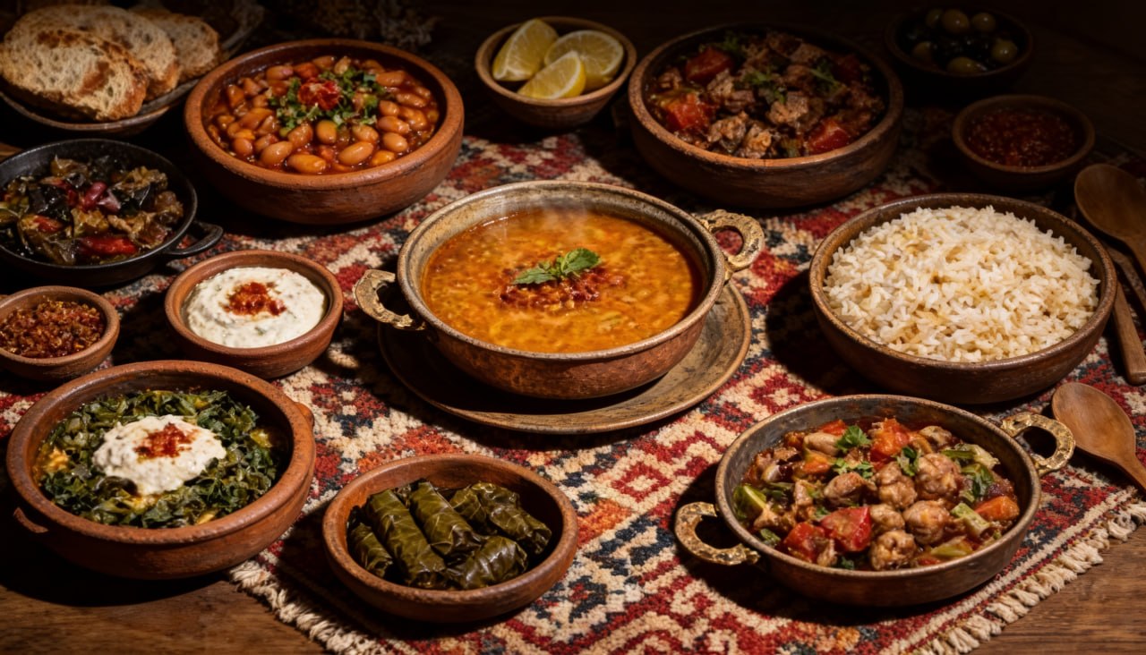 Bakır kaplarda Anadolu yemekleri — mercimek çorbası dolma ve pilav