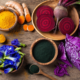 Zerdeçal, pancar, mor lahana ve spirulina - doğal gıda boyası malzemeleri