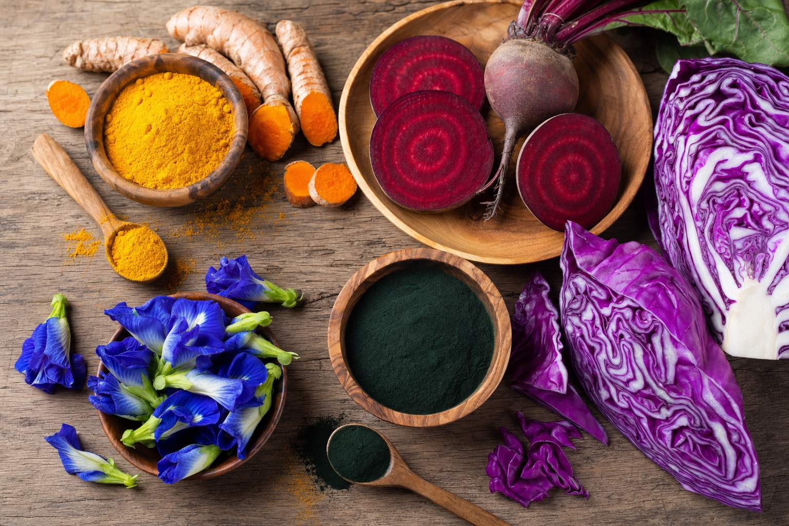 Zerdeçal, pancar, mor lahana ve spirulina - doğal gıda boyası malzemeleri