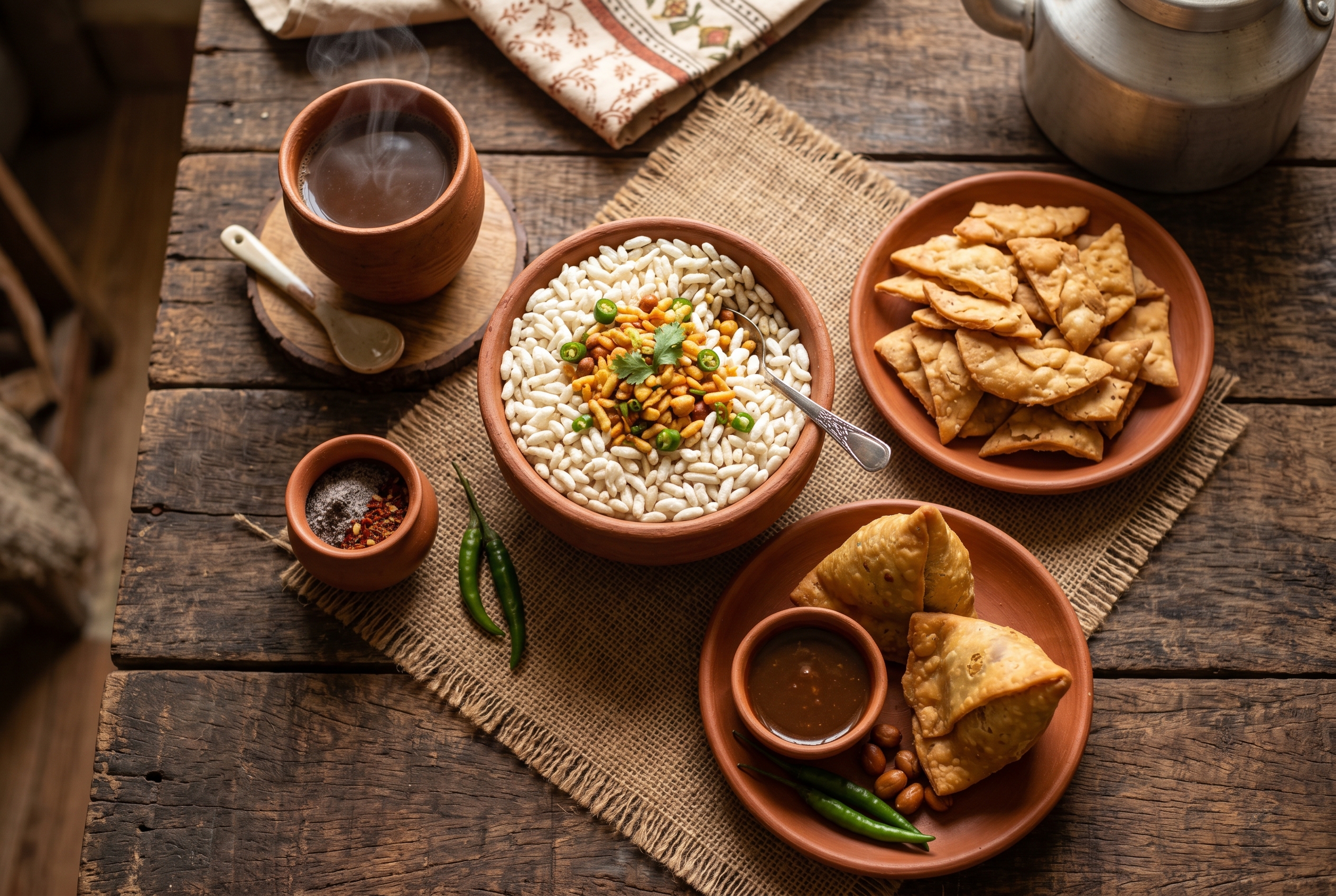Bengali jol khabar sofrası: muri, nimki, shingara ve pişmiş toprak fincanında çay