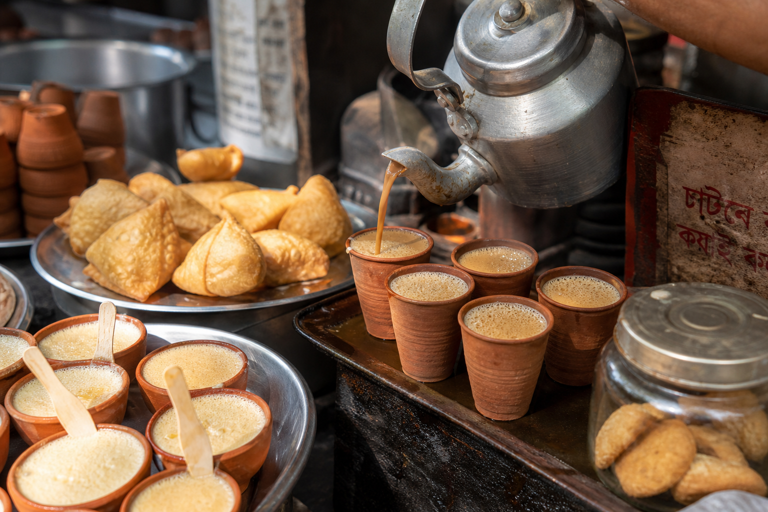 Kolkata sokak çay tezgâhında kullad fincanlara dökülen çay ve jol khabar atıştırmalıkları
