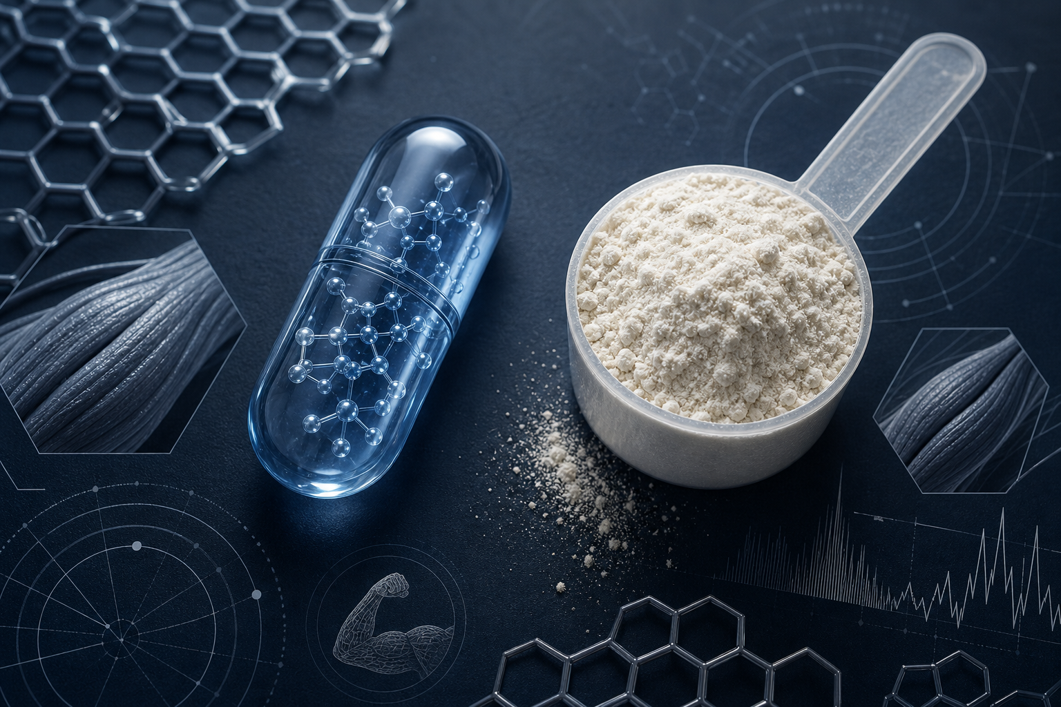 Whey protein ve GLP-1 ilaçlarının sembolik temsili — moleküler yapılar ve protein tozu