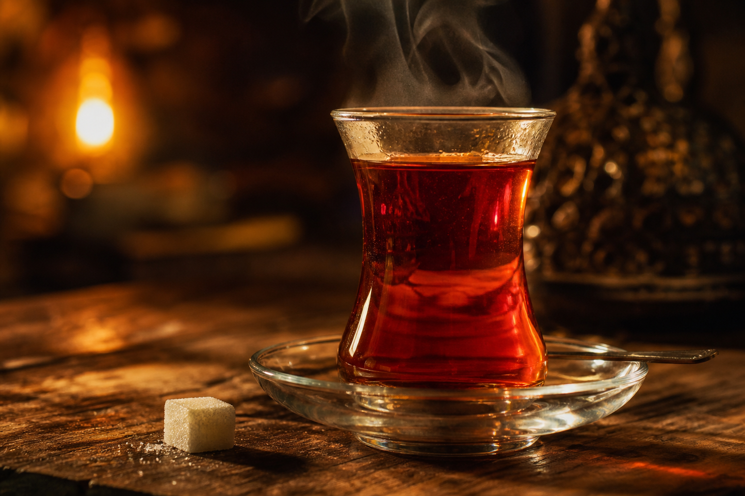 Geleneksel Türk çay bardağı, ince belli, amber kırmızısı çay