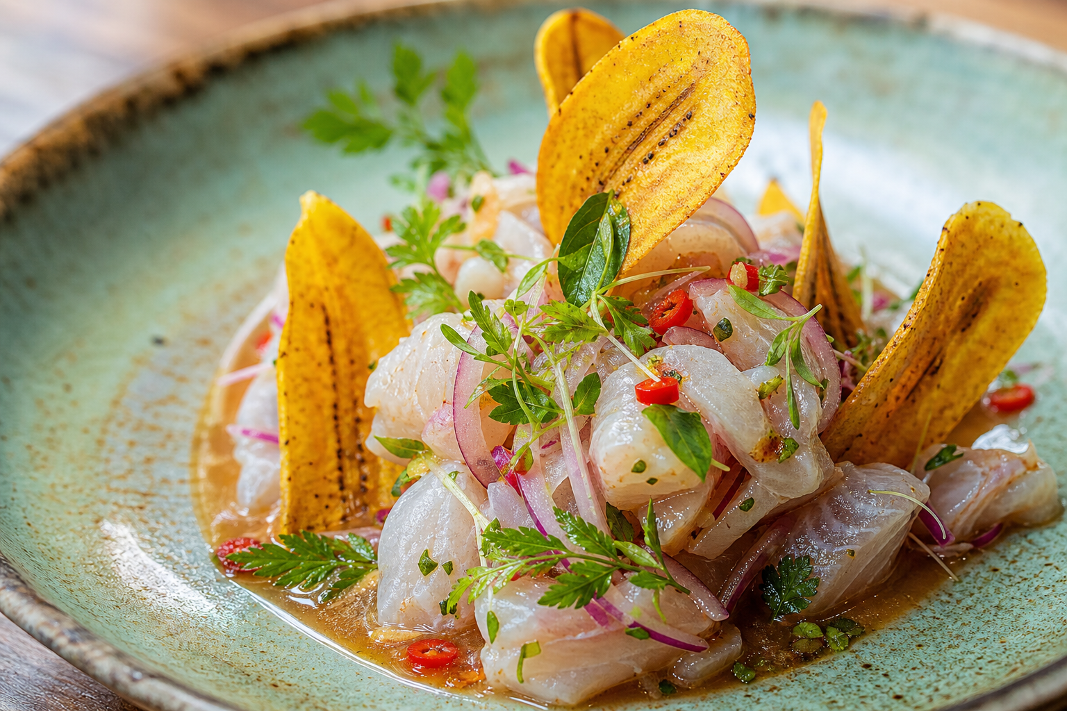 Rodrigo Pacheco’nun Ekvador mutfağından sürdürülebilir ceviche tabağı, tamarind ve altın plantain ile