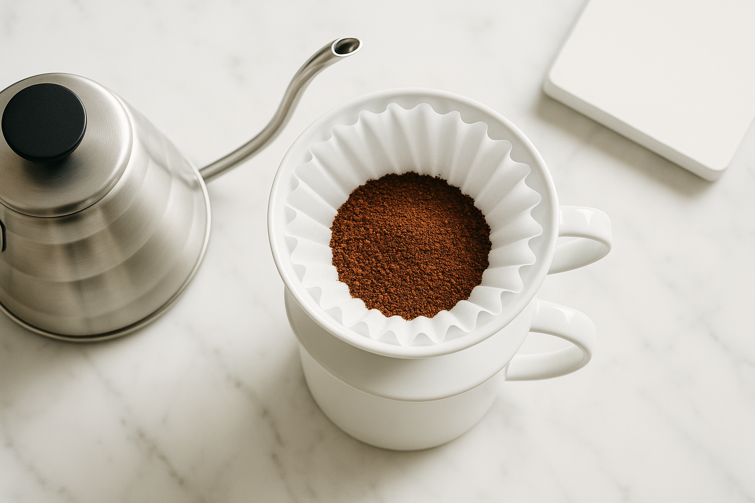 Modern specialty coffee bar, V60 pour-over kahve hazırlığı, minimalist estetik