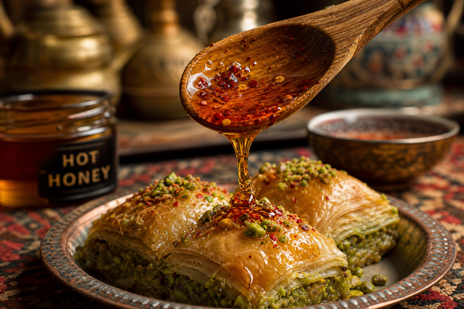 Tahta kaşıkla baklavanın üzerine acı bal dökülürken, makro çekim