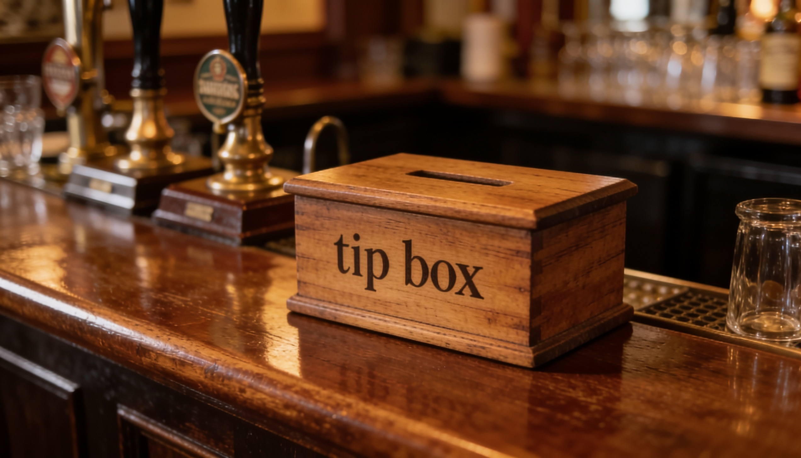 Pub tezgahında ahşap 'tip box' (bahşiş kutusu), arkada bira muslukları ve bardaklar