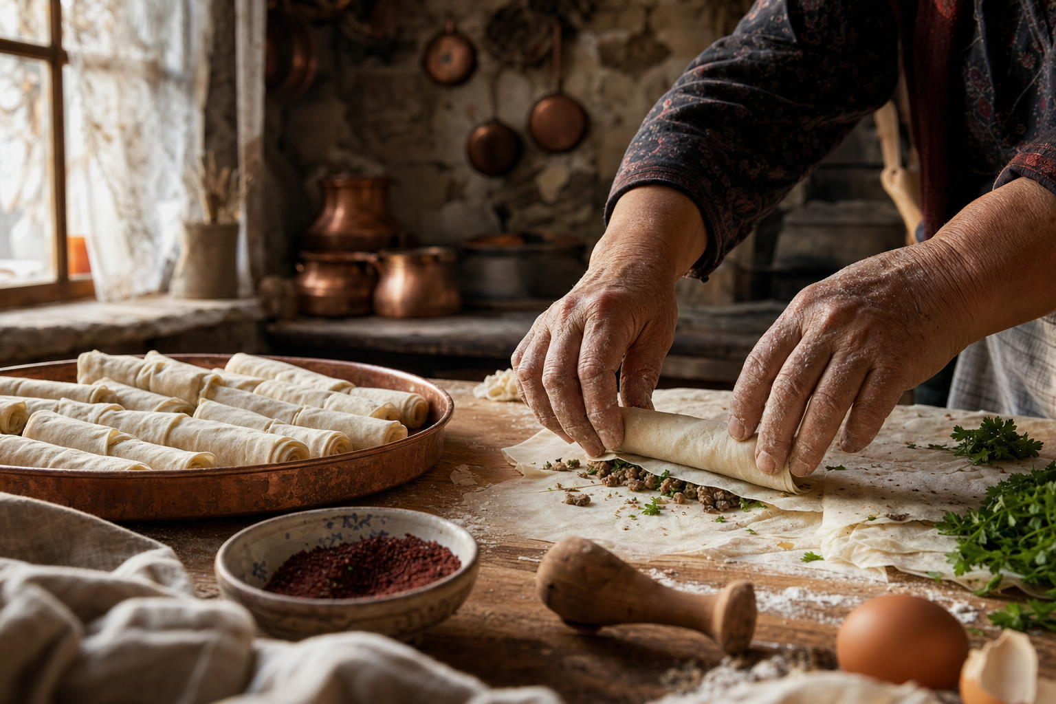 Eski bir Rumeli göçmeni kadının ahşap bir masada bakır sahanlarda börek açarken görüldüğü, sıcak ve nostaljik bir mutfak sahnesi, 1930'lar Trakya köy evi atmosferi, doğal ışık
