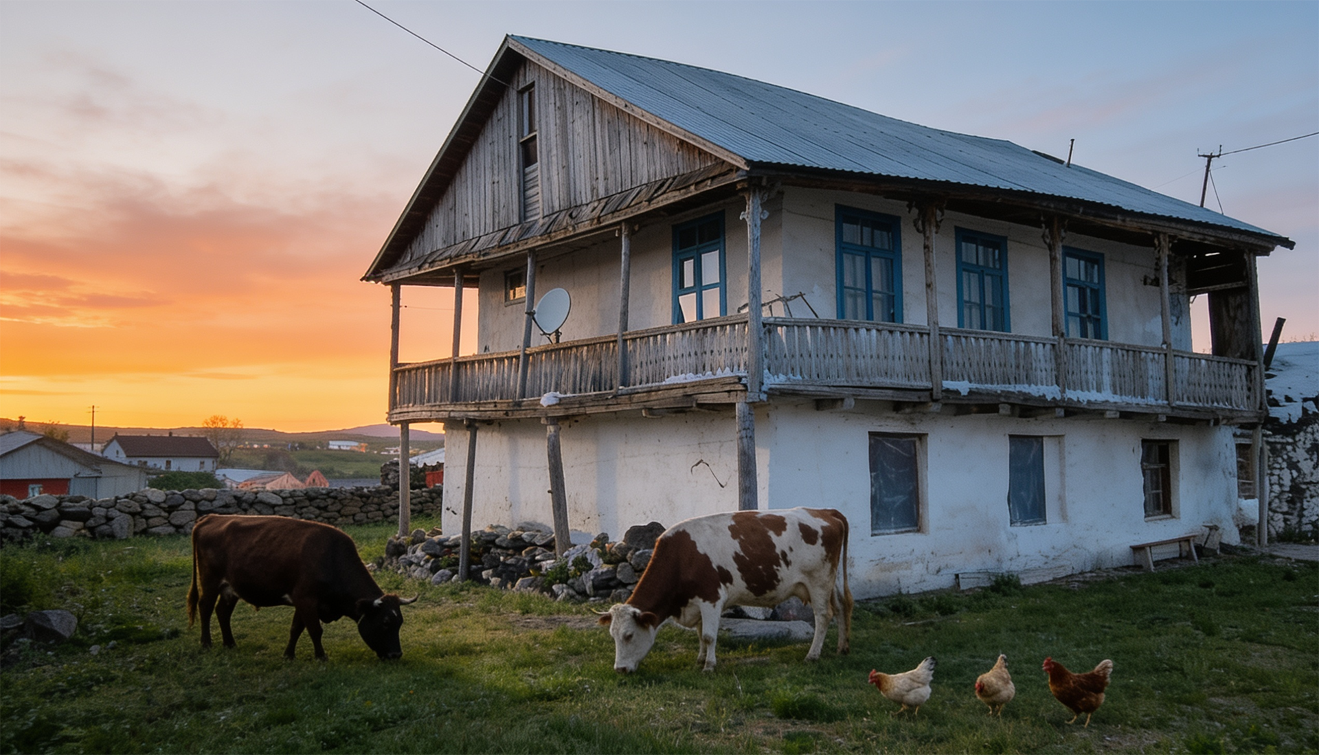 Boğatepe köyünde ahşap ev ve ineklerin gün batımında çimenlikte otlaması, Kars yaylaları
