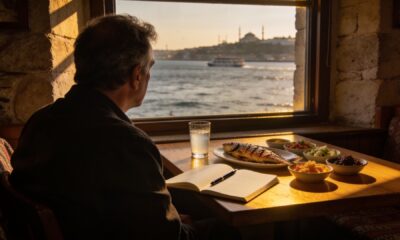 İstanbul Boğazı'na bakan taş duvarlı bir odada gün batımı ışığında bir yazar: önünde açık defter, tükenmez kalem, balık tabağı, rakı kadehi ve küçük meze tabakları, pencerede Süleymaniye Camii silüeti ve Boğaz manzarası.