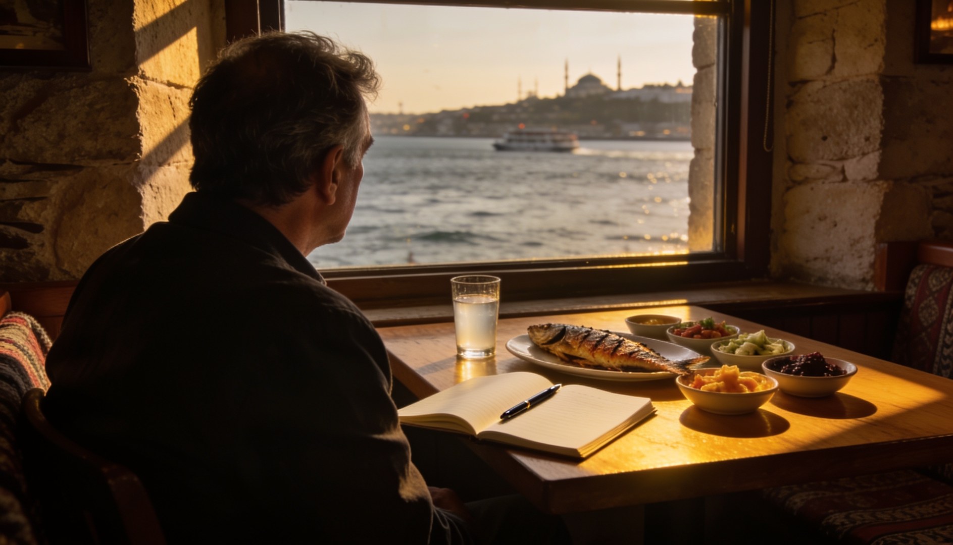 İstanbul Boğazı'na bakan taş duvarlı bir odada gün batımı ışığında bir yazar: önünde açık defter, tükenmez kalem, balık tabağı, rakı kadehi ve küçük meze tabakları, pencerede Süleymaniye Camii silüeti ve Boğaz manzarası.