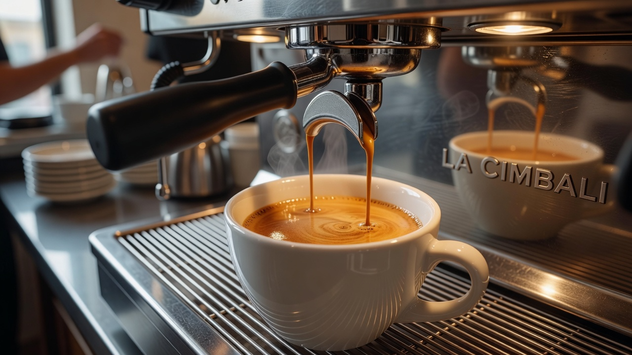 Bir espresso makinesinden akan taze kahve, fincanda krema