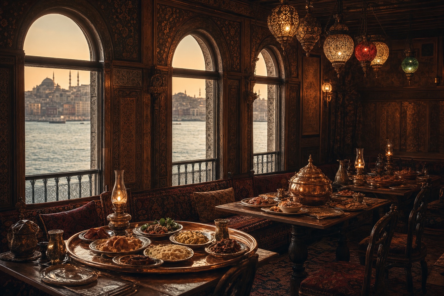 19. yüzyıl Osmanlı İstanbul lokantası, Boğaz manzaralı, klasik Türk mutfağı bakır tepsilerde
