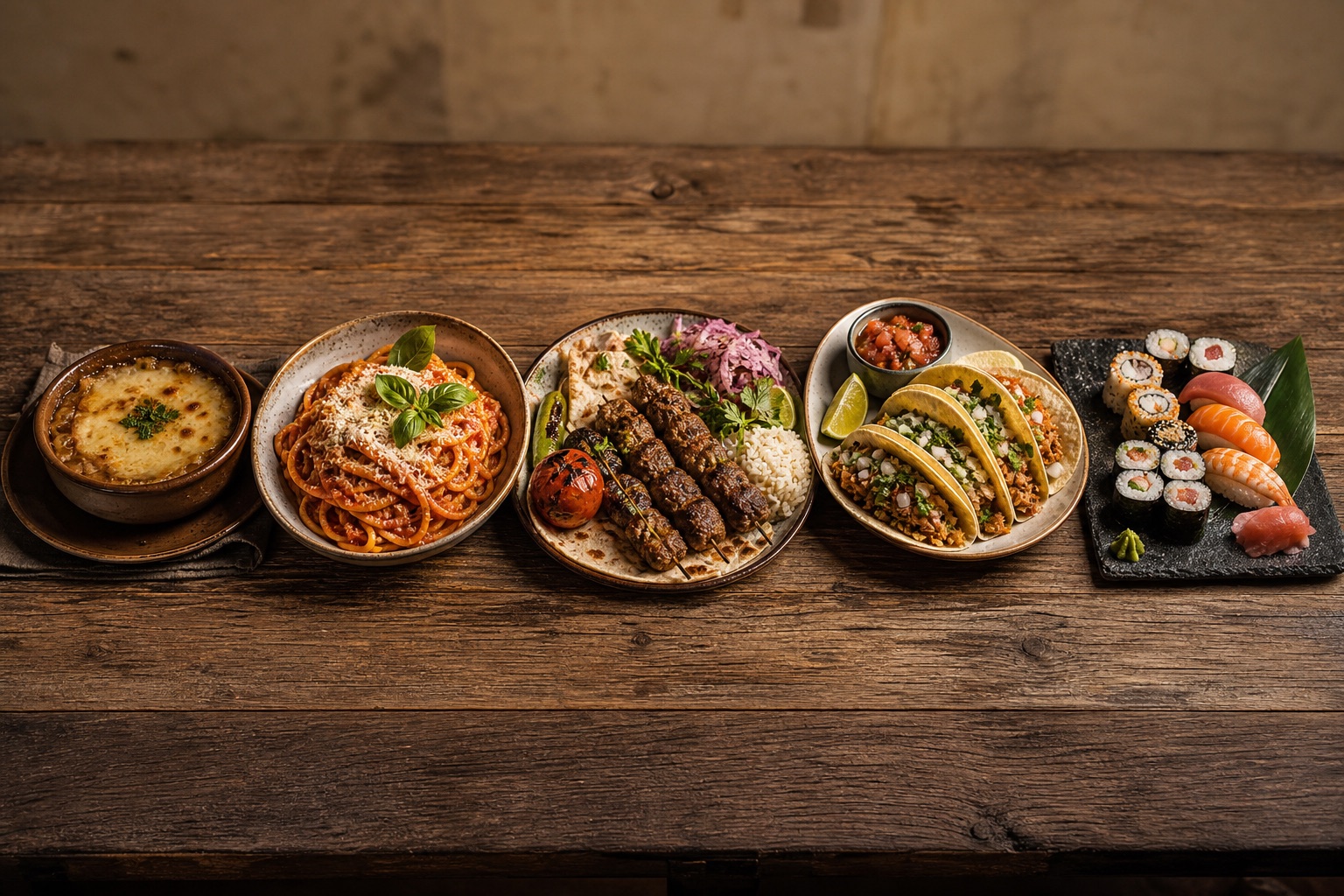 Farklı ülkelerin geleneksel yemeklerinin yan yana sıralandığı bir masa: Fransız soğan çorbası, İtalyan makarna, Türk kebap, Meksika tacosu, Japon suşi