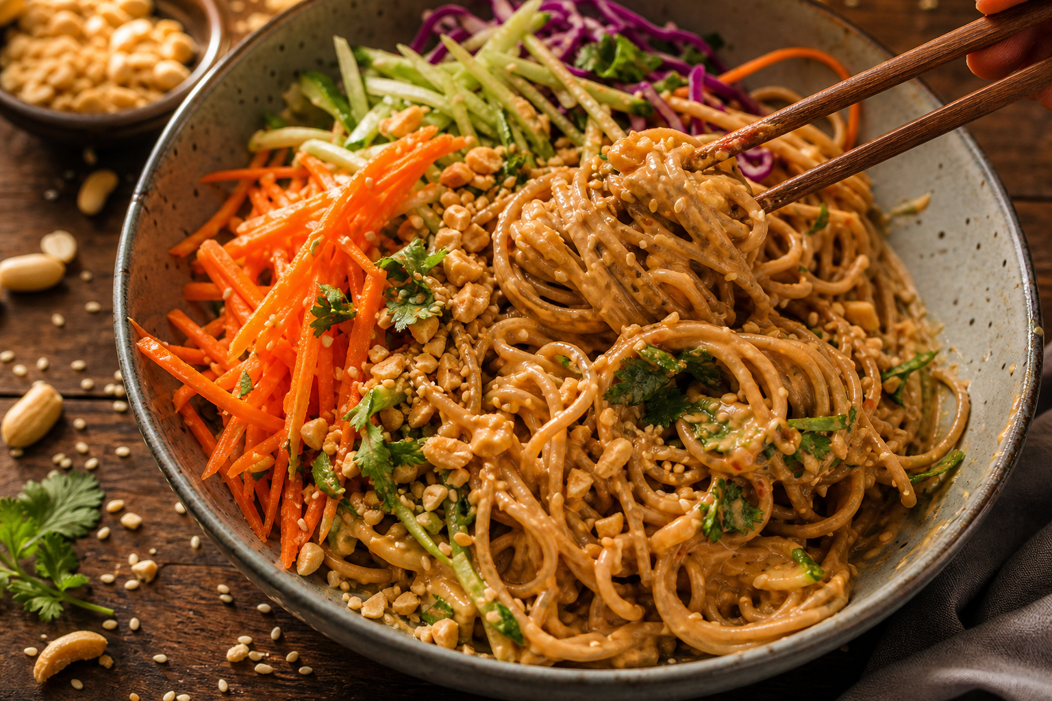 Soğuk fıstık ezmeli noodle - yakın çekim