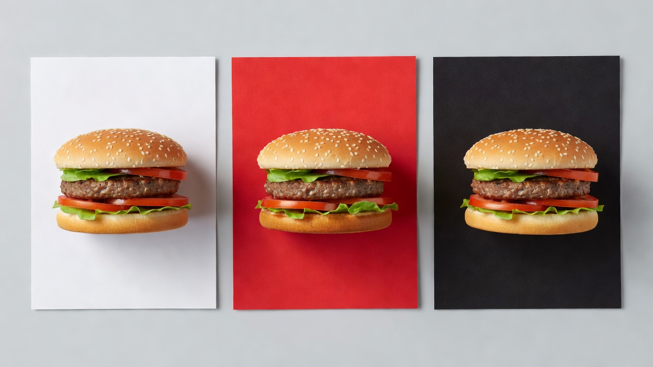 Üç özdeş hamburger, beyaz, kırmızı ve siyah arka plan üzerinde yan yana, renk algısının yemek lezzetine etkisi deneyi