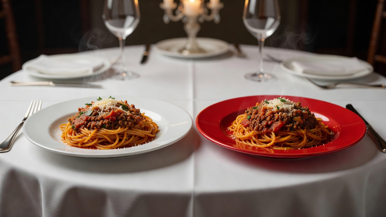 Fine dining masasında beyaz ve kırmızı tabakta spagetti bolognese, mum ve şarap kadehleri, çoklu duyusal yemek deneyimi