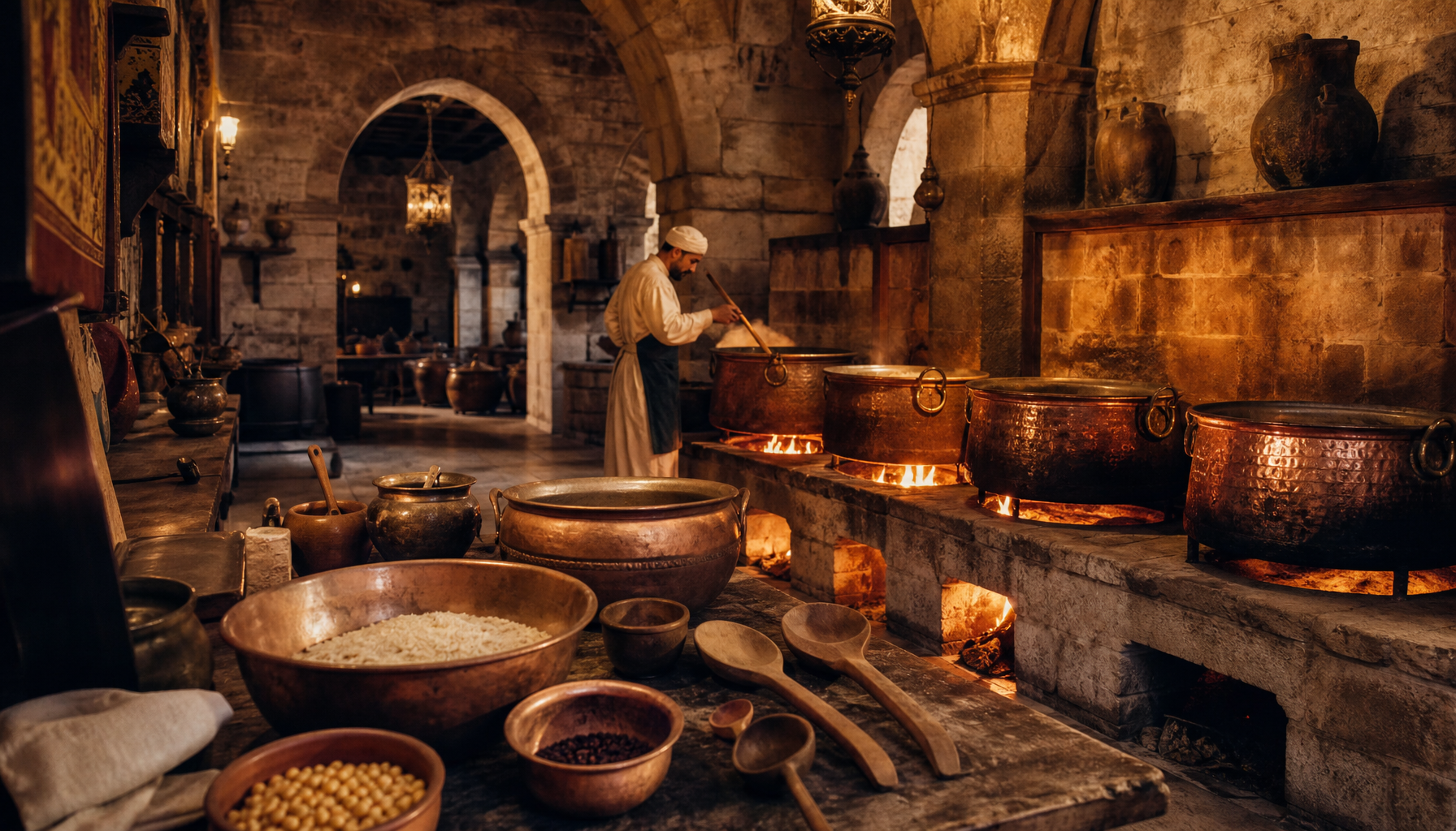 Osmanlı imaret mutfağı, bakır kazanlar ve taş mimari