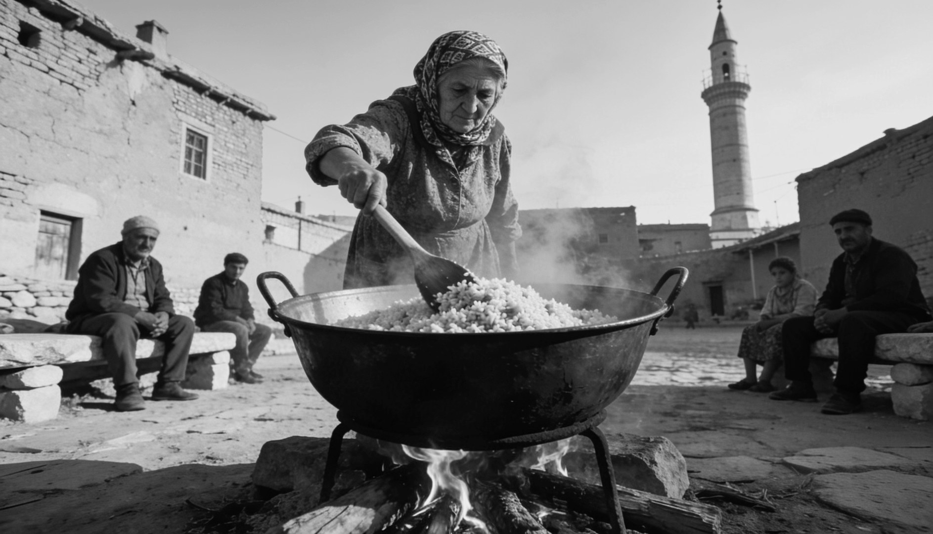 Siyah beyaz bir savaş dönemi Anadolu köyü fotoğrafı: başörtülü yaşlı bir kadın büyük bakır kazanda pilav karıştırıyor, köy meydanında taş duvar kenarlarına oturmuş köy sakinleri, arkada cami minaresi ve taş evler.