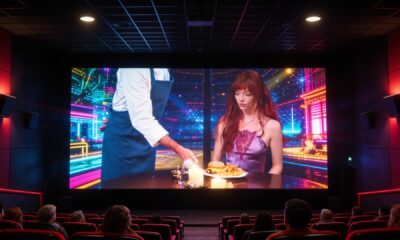 Sinema salonunda dev perdede gösterilen bir yemek sahnesi: şef önlüklü birinin eli mumlar eşliğinde bir kadına hamburger ve patates tabağı uzatıyor, neon ışıklı gece şehir manzarası arka planında, salon dolusu seyirci kırmızı koltuklardan izliyor.