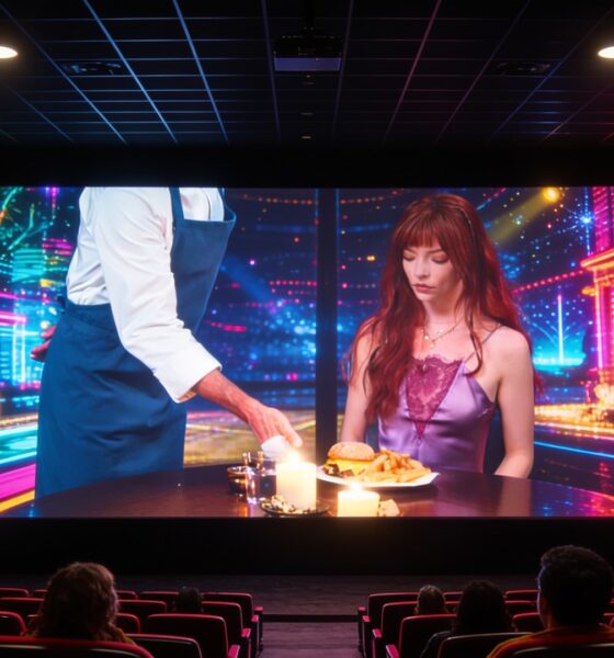 Sinema salonunda dev perdede gösterilen bir yemek sahnesi: şef önlüklü birinin eli mumlar eşliğinde bir kadına hamburger ve patates tabağı uzatıyor, neon ışıklı gece şehir manzarası arka planında, salon dolusu seyirci kırmızı koltuklardan izliyor.