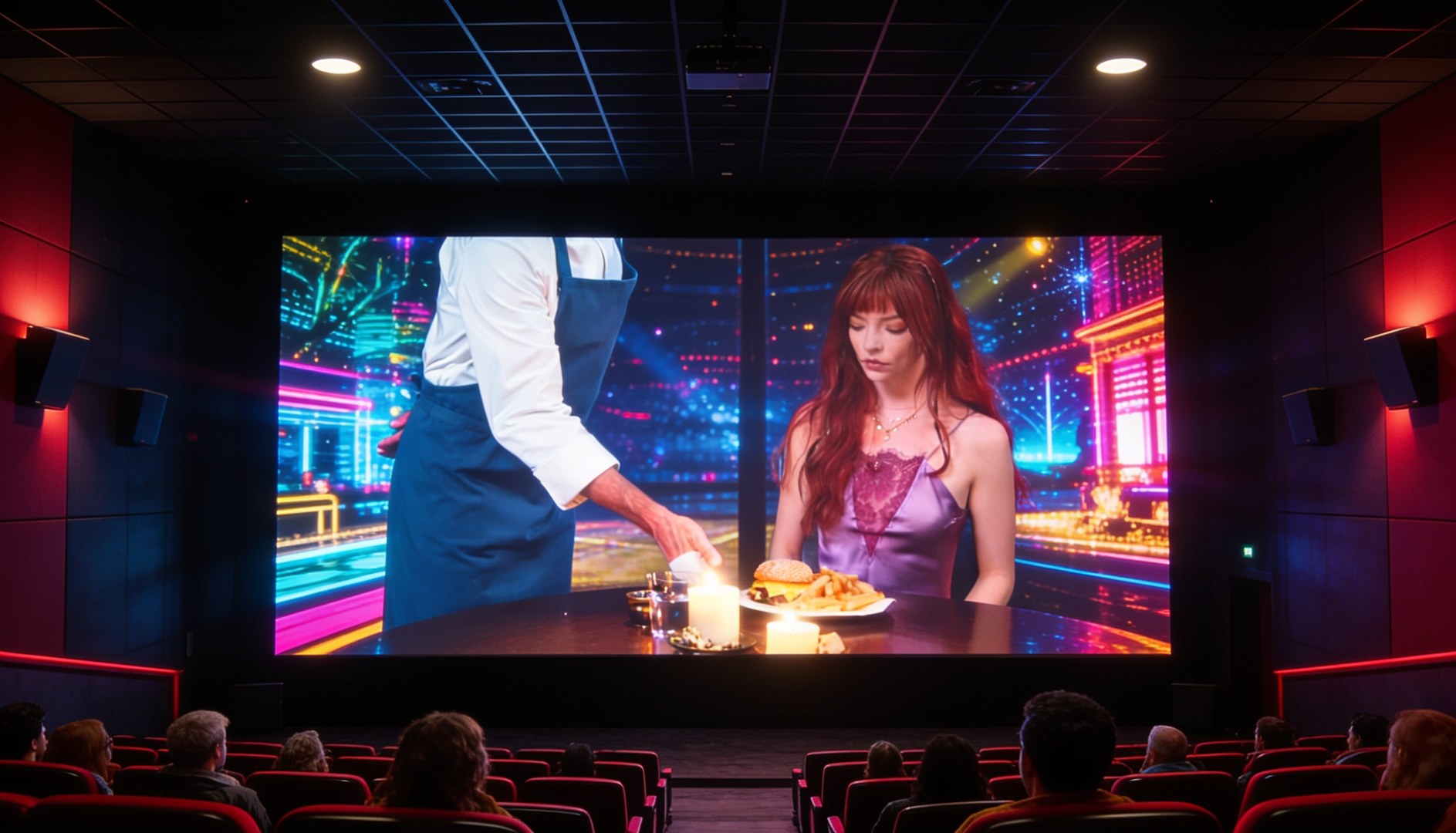Sinema salonunda dev perdede gösterilen bir yemek sahnesi: şef önlüklü birinin eli mumlar eşliğinde bir kadına hamburger ve patates tabağı uzatıyor, neon ışıklı gece şehir manzarası arka planında, salon dolusu seyirci kırmızı koltuklardan izliyor.